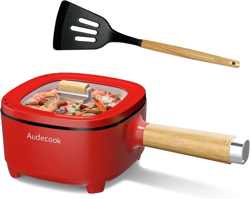 Audecook Hot Pot Electric 2L, Cermic Glaze Non-Stick Frying Pan 8 Inch, Portable Travel Cooker for Ramen/Steak/Fried Rice/Oatmeal/Soup, with Dual Power Control (Silicone Spatula Included) - Image 1